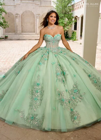 Rachel Allan Rq1155 Long Ball Gown Lace Floral Glitter Quinceanera Dress In Green