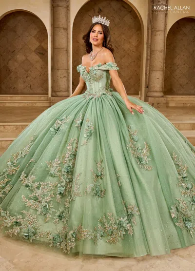 Rachel Allan Rq2210 Long Glitter Ball Gown Lace Quinceanera Dress In Green
