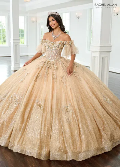 Rachel Allan Rq3150 Long Glitter Sweet 16 Floral Quinceanera Dress In Gold
