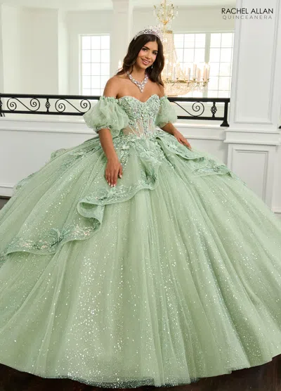Rachel Allan Rq3153 Long Ball Gown 3d Flower Glitter Quinceanera Dress In Green