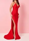 Rachel Allan Ruched V-neck Gown With High Slit In Red In Red