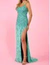 Rachel Allan Scoop Embellished High Slit Gown In Aqua
