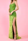 Rachel Allan Scoop Embellished High Slit Gown In Lime