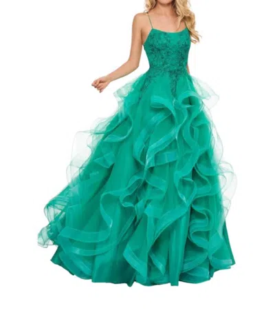 Rachel Allan Scoop Neck Ruffled A-line Gown In Jade In Blue