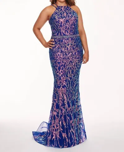 Rachel Allan Sequin Halter Neck Prom Gown In Indigo Iridescent In Purple