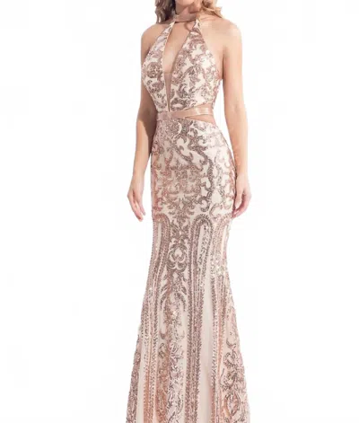 Rachel Allan Sequin Prom Dress With Cutouts In Rose Gold In Pink
