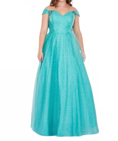 Rachel Allan Sequin Tulle Off-the-shoulder Prom Gown In Aqua Mint In Green