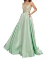 Rachel Allan Shimmer Woven Beaded Princess Gown In Mint/nude In Green