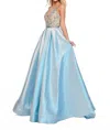 Rachel Allan Shimmer Woven Beaded Princess Gown In Sky Blue/nude In Blue