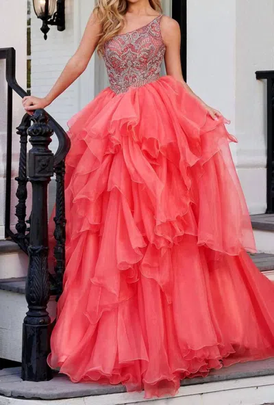 Rachel Allan Shimmering Asymmetrical Long Gown In Coral In Pink
