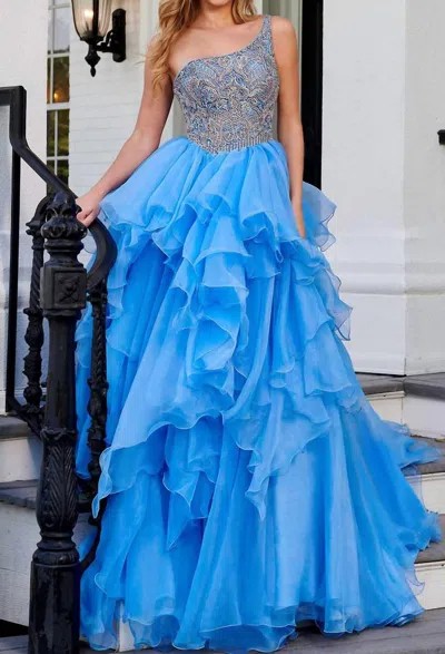 Rachel Allan Shimmering Asymmetrical Long Gown In Periwinkle In Blue