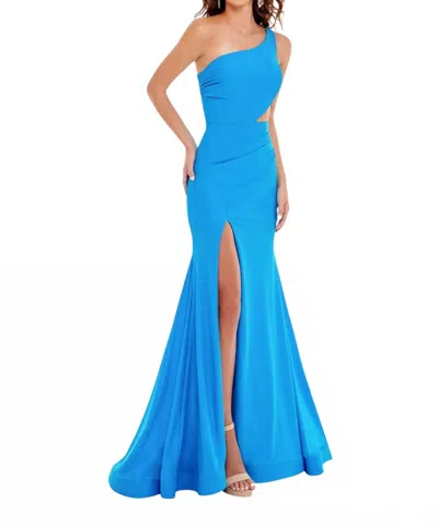 Rachel Allan Side Cut Out One Shoulder Prom Dress In Ocean Blue