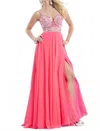 Rachel Allan Spaghetti Strap V-neck Gown With Slit In Neon Pink In Pink