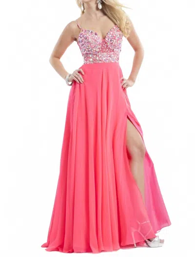 Rachel Allan Spaghetti Strap V-neck Gown With Slit In Neon Pink