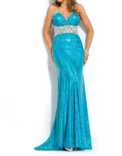 Rachel Allan Spaghetti Strap With Crystal Beading Prom Gown In Turquoise In Blue
