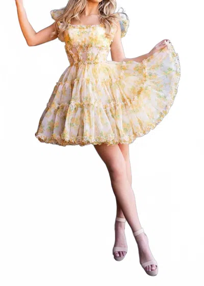 Rachel Allan Square Fitted Homecoming Dress In Yellow Print In Neutral