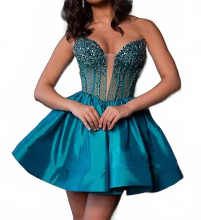 Rachel Allan Stone Beading Prom Mini Dress In Jade In Blue