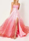 Rachel Allan Strapless Beaded A-line Side Slit Gown In Pink Ombré In Multi