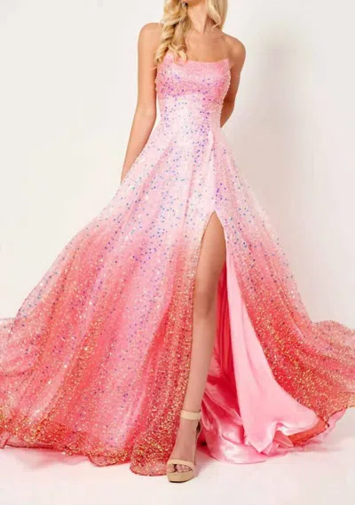 Rachel Allan Strapless Beaded A-line Side Slit Gown In Pink Ombré In Multi