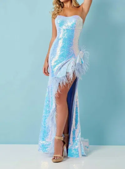 Rachel Allan Strapless Feather Tie-back Slit Gown In Powder Blue