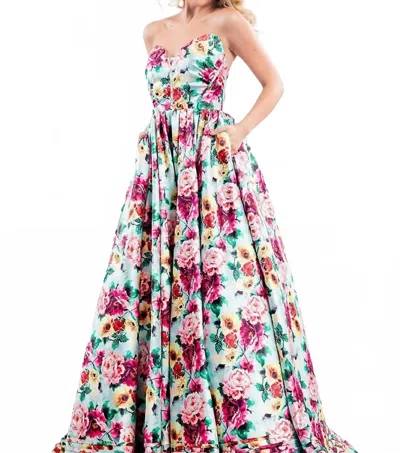 Rachel Allan Strapless Floral Mikado Ballgown In Mint In Multi