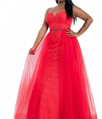 RACHEL ALLAN STRAPLESS LACE FLORAL PROM DRESS WITH OVERSKIRT IN RED