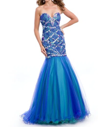Rachel Allan Strapless Sweetheart Mermaid Gown In Peacock/nude In Blue