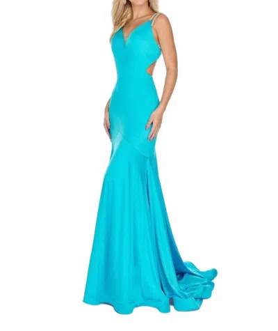 Rachel Allan Strappy Open Back Shimmer Jersey Gown With Cutouts In Turquoise In Blue