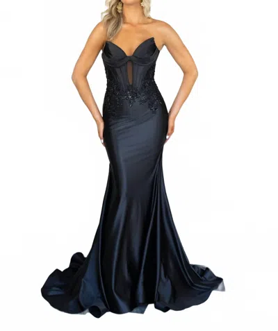 Rachel Allan Stretch Satin Jersey Prom Dress In Black In Blue