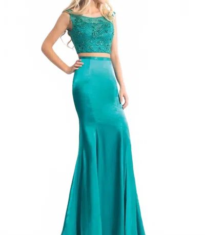 Rachel Allan Stretch Satin Two-piece Beaded Gown In Jade In Green