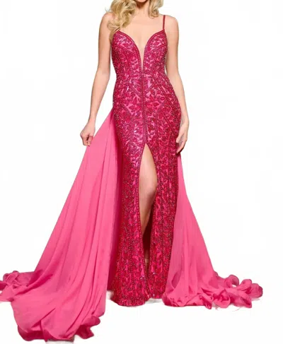 Rachel Allan Stretch Tulle Floor Length Gown In Fuchsia In Pink