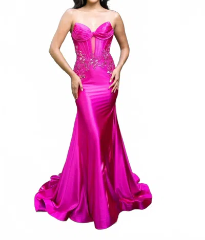 Rachel Allan Structured Corset Bodice Stretch Satin Gown In Fuchsia In Pink