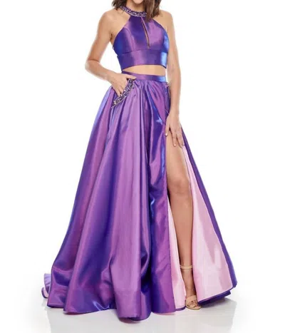 Rachel Allan Two-piece Beaded Halter Ballgown With High Slit In Purple/pink In Blue