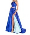 Rachel Allan Two-piece Beaded Halter Ballgown With High Slit In Royal/light Blue In Blue