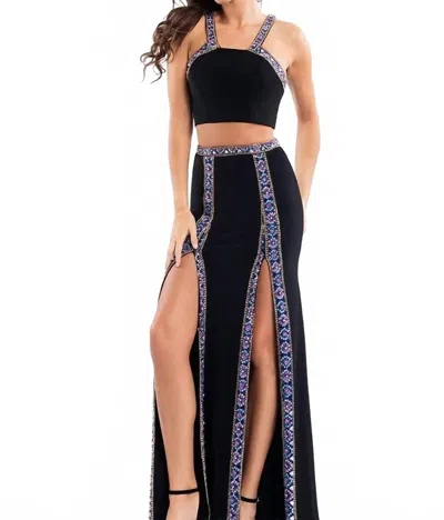 Rachel Allan Two-piece Beaded Jersey Evening Gown In Black