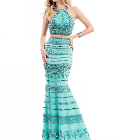 Rachel Allan Two-piece Beaded Jersey Evening Gown In Mint In Green