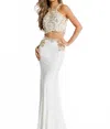 Rachel Allan Two-piece Beaded Jersey Evening Gown In White In Blue