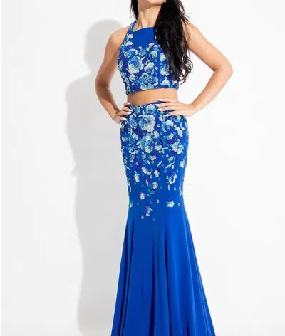 Rachel Allan Two-piece Beaded Jersey Prom Gown In Royal In Blue