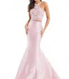 Rachel Allan Two-piece Beaded Mikado Prom Gown In Blush In Pink