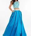 Rachel Allan Two-piece Beaded Mikado Prom Gown In Mint/ocean In Multi