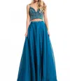 Rachel Allan Two-piece Chiffon Prom Dress In Peacock Blue In Multi