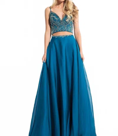 Rachel Allan Two-piece Chiffon Prom Dress In Peacock Blue In Multi