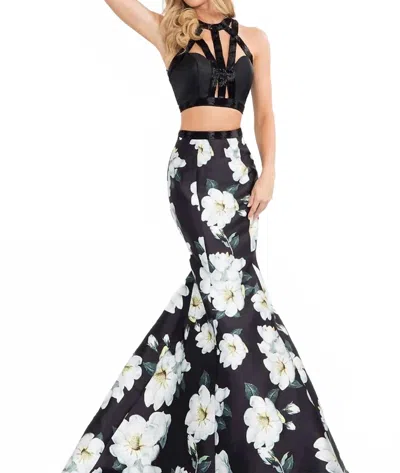 Rachel Allan Two-piece Floral Mikado Mermaid Gown In Black