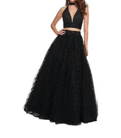 Rachel Allan Two Piece Halter Ballgown Ruffles Dress With Choker In Black