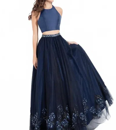 Rachel Allan Two-piece Halter Neck Embroidered Tulle Gown In Navy In Blue