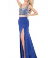 Rachel Allan Two-piece Jersey Embroidered Gown With High Slit In Royal In Blue