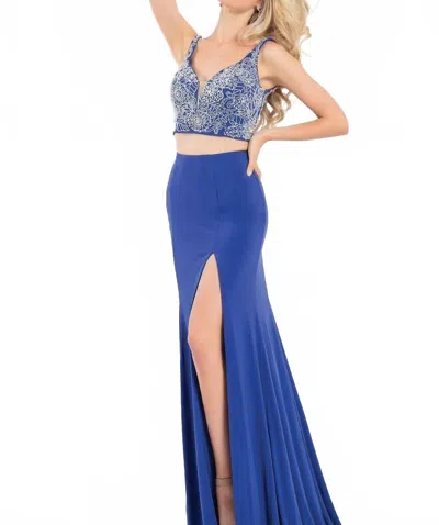 RACHEL ALLAN TWO-PIECE JERSEY EMBROIDERED GOWN WITH HIGH SLIT IN ROYAL
