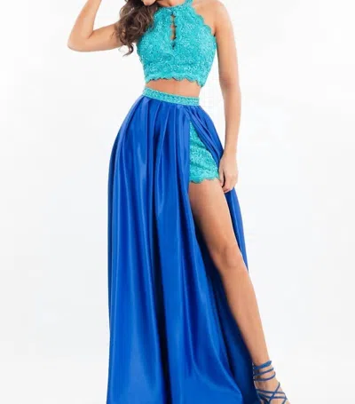 Rachel Allan Two-piece Lace Prom Dress With Matte Satin Overskirt In Aqua/royal In Blue