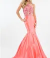 Rachel Allan Two-piece Matte Satin Beaded Halter Prom Gown In Coral In Pink