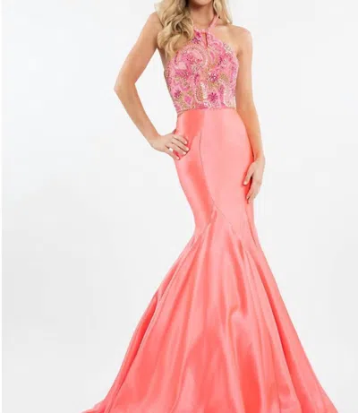 Rachel Allan Two-piece Matte Satin Beaded Halter Prom Gown In Coral In Pink